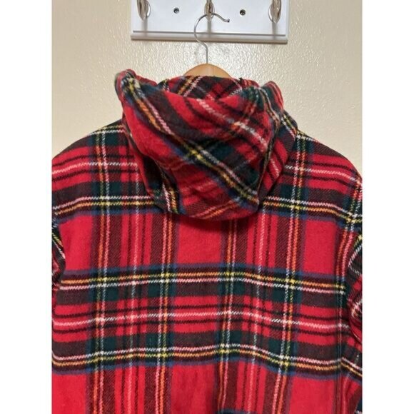 Vintage 90s Eddie Bauer Wool Red Tartan Plaid Long Coat Jacket Toggles Size S - Picture 6 of 16